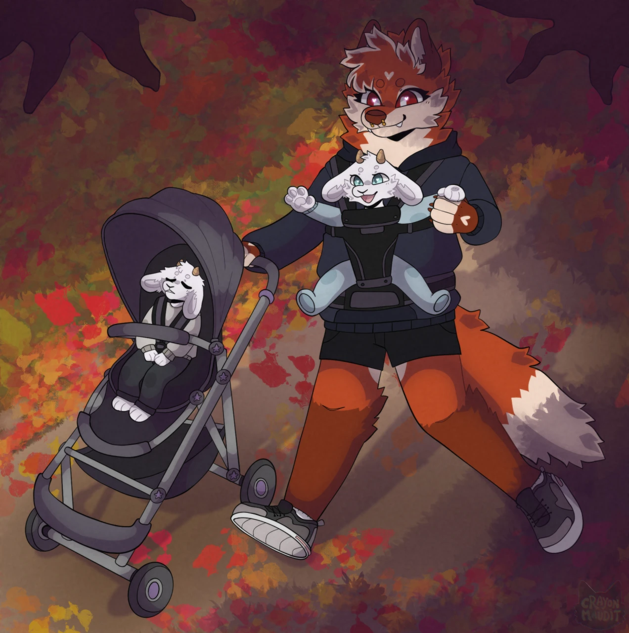 Un renard poussant une poussette avec un bébé chèvre, sous des feuilles d'automne