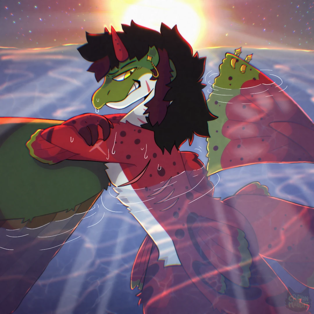 Illustration d'un dragon aux ailes rouges et vertes survolant l'océan au coucher du soleil