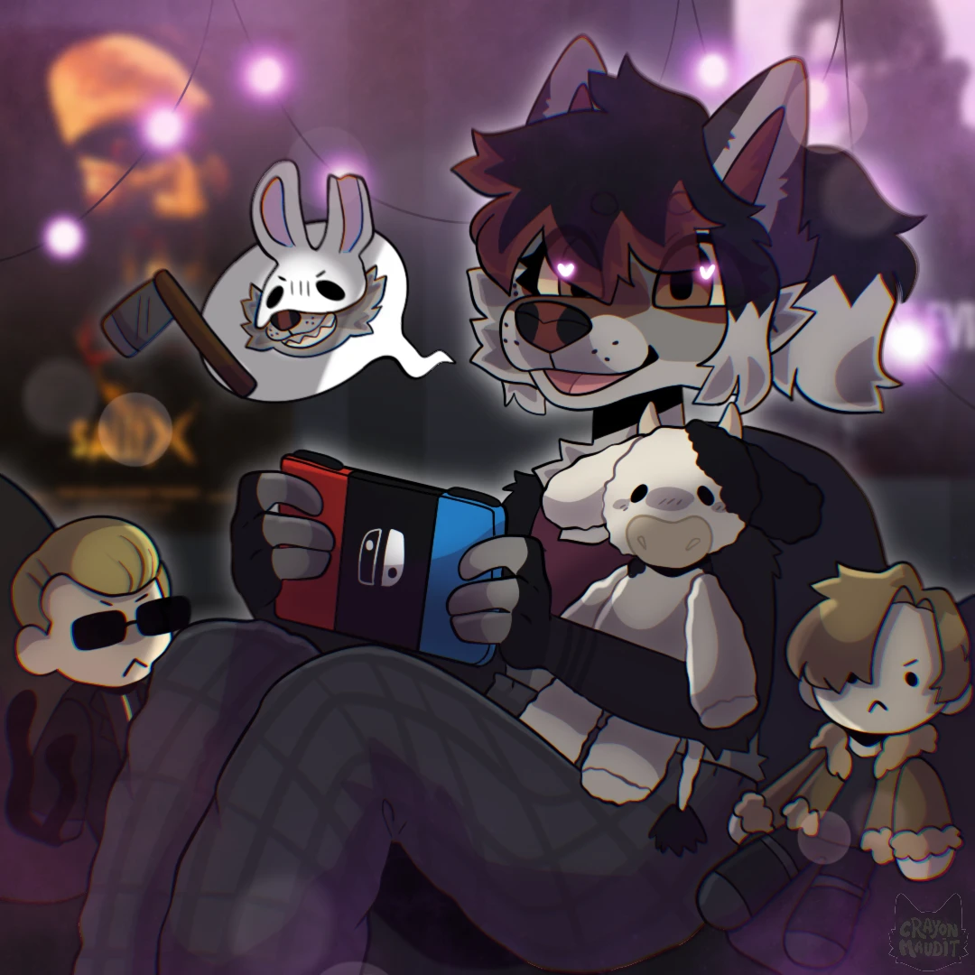 Groupe de personnages furry lors d'une soirée, un loup tenant une console de jeu